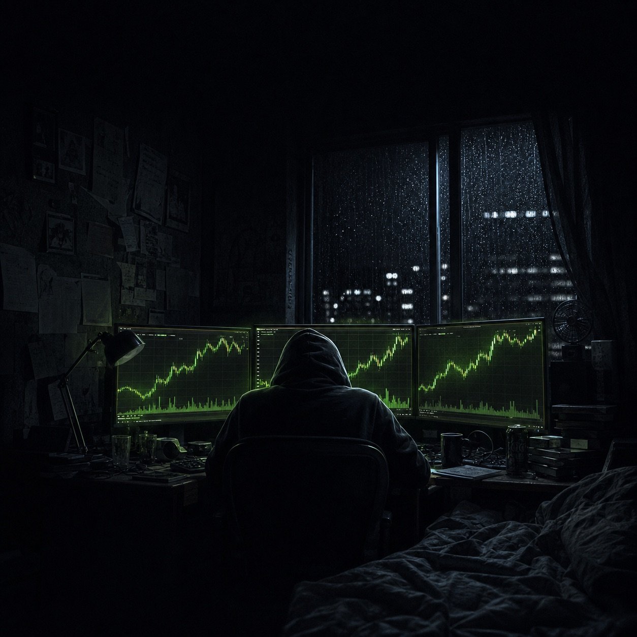 A hooded night trader watching green charts in a rainy bedroom