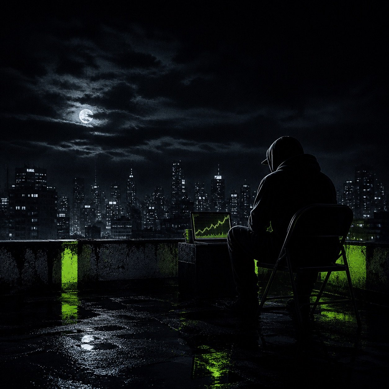 A lone hooded trader watching a chart above the sleeping city